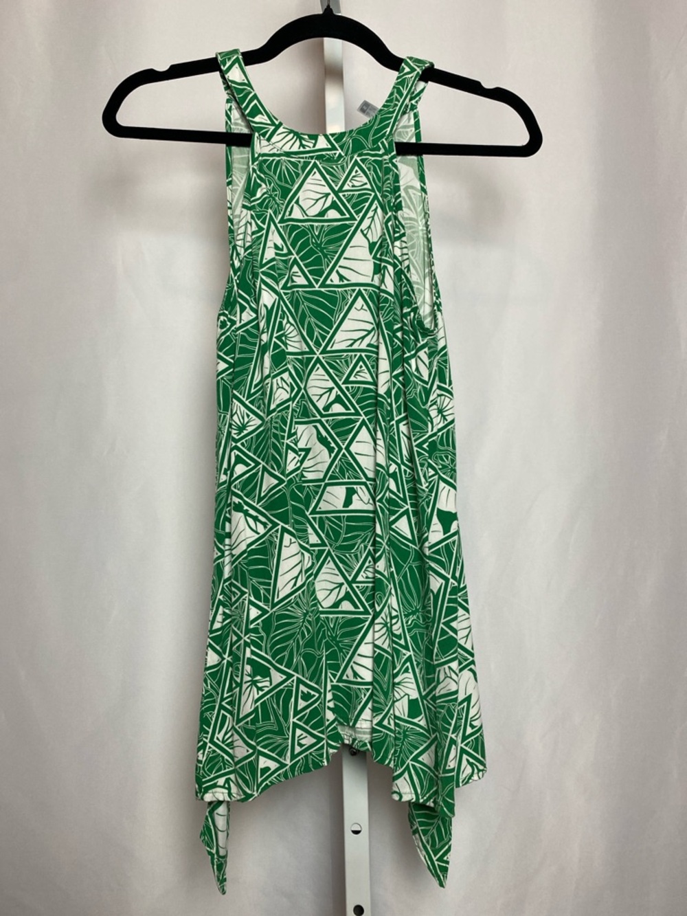 Hawaii's Finest Green and White Geometric Kalo Print Tank with Handkerchief Hem